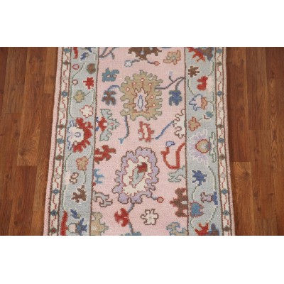 Tappeto runner Oushak floreale rosa 2x10 realizzato a mano in lana orientale indiana per corridoio