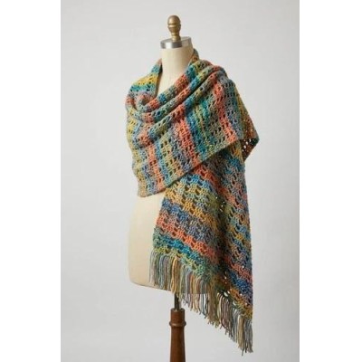 Sciarpa Boho Cottagecore multicolore fatta a mano all'uncinetto con scialle rettangolare con frange